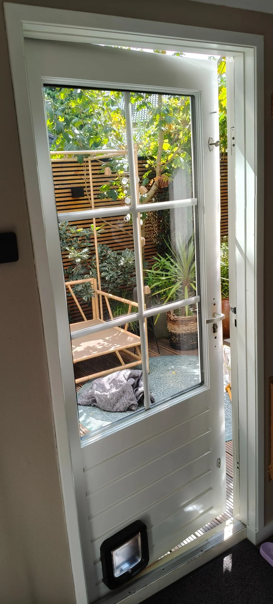 Binnenzijde van een deur met roedes in het glas