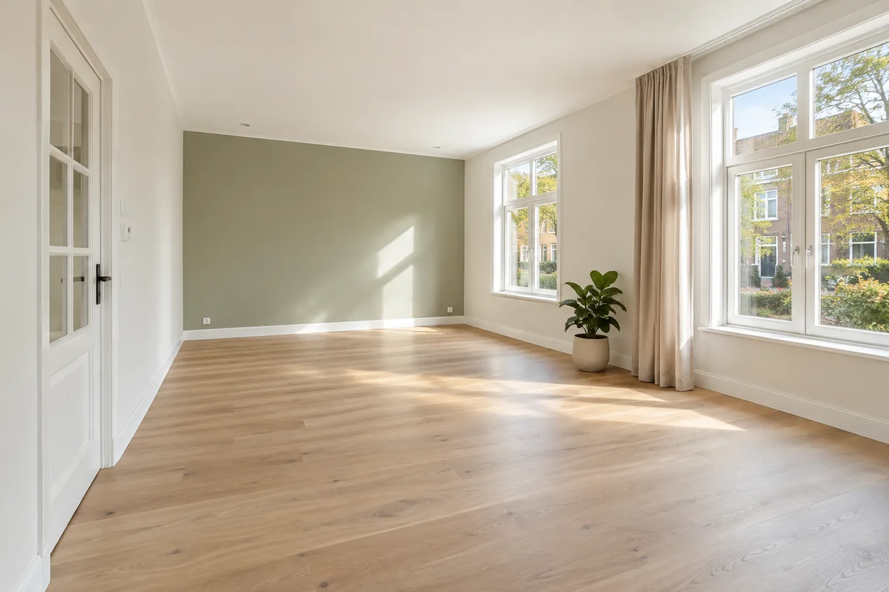 Lichte binnenruimte met afgewerkte wanden, een wit plafond en een zachtgroene accentwand